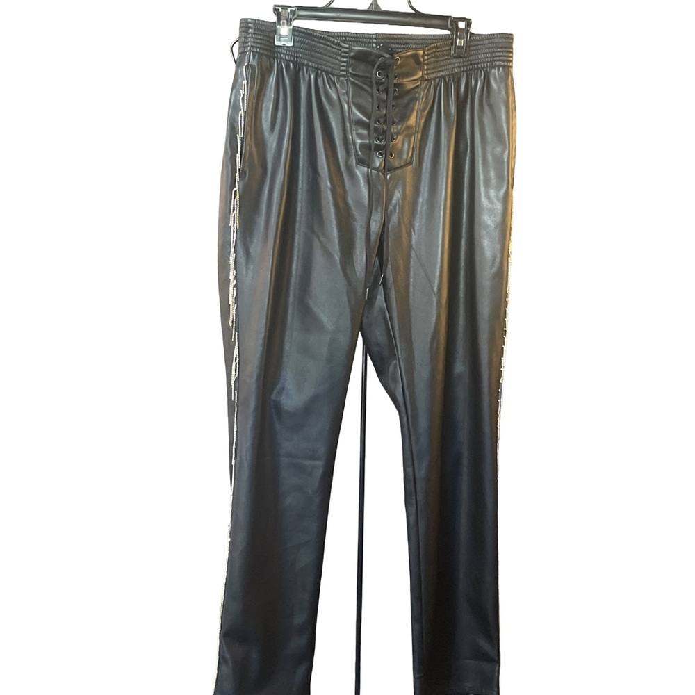 ASOS Black Faux Lace front Leather Pants with rhinestone trim